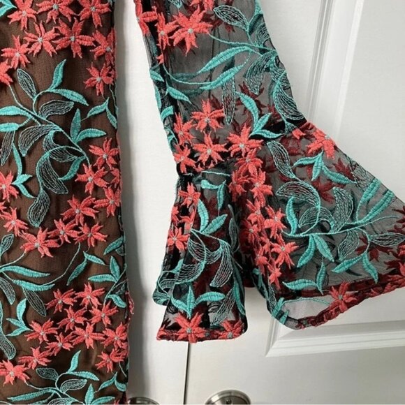 Elliatt Sheer Mesh Overlay Floral Mod Embroidery Mini Dress - Picture 4 of 9